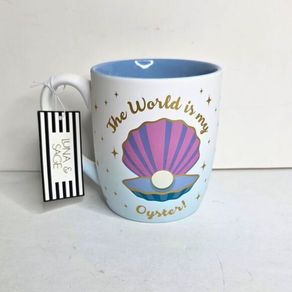 Luna & Sage The World Is My Oyster Sea Shore Shell Blue Summer Beach Mug - NEW - Picture 1 of 6